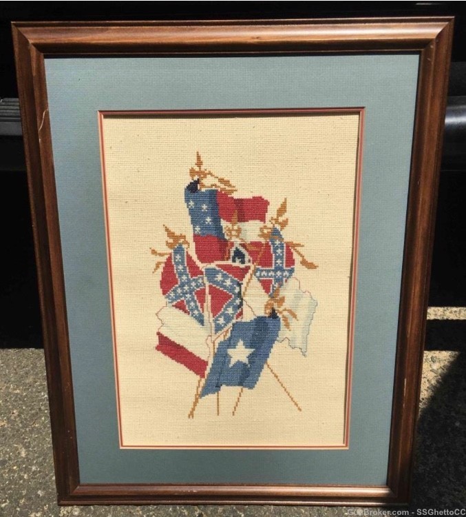 Civil War CSA Hand-Embroidery Flags;1990’s Nicely Framed ready for mounting-img-1