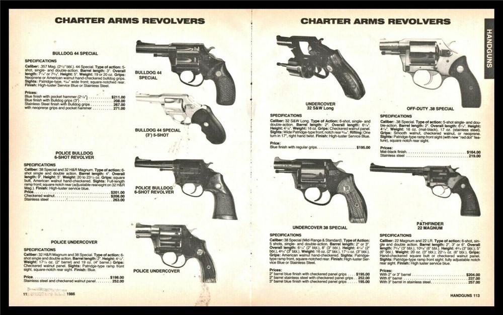 1986 CHARTER ARMS Revolvers 2-pg AD Bulldog Undercover Pathfinder Off Duty-img-0