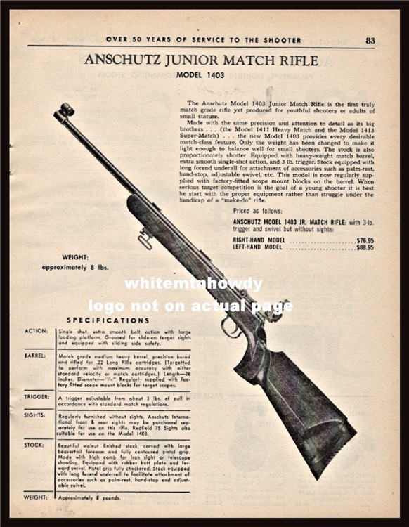 1964 ANSCHUTZ Model 1403 Junior Match Rifle PRINT AD w/original price-img-0