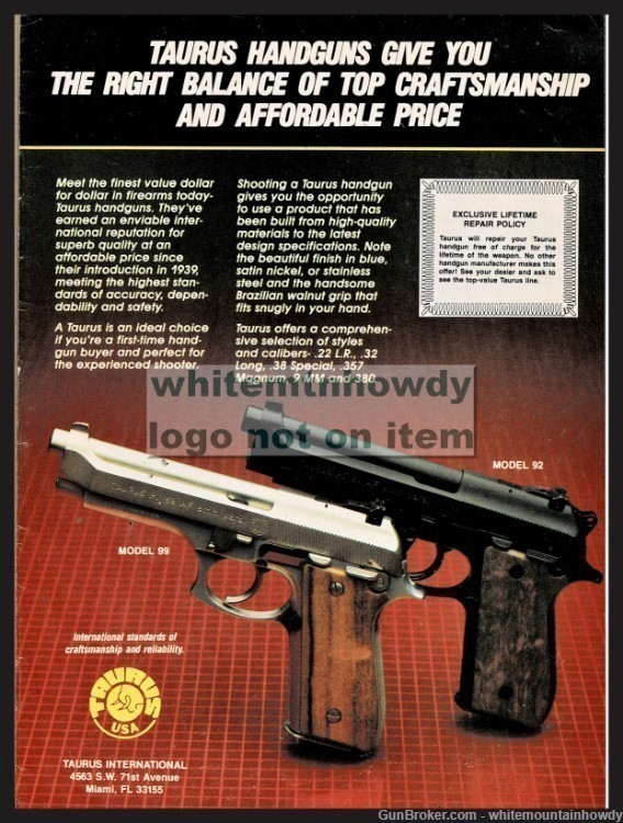 1987 TAURUS Model 99 and 92 Pistol Original PRINT AD-img-0