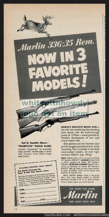 1952 MARLIN Carbine Sporting Rifle PRINT AD w/Marlin razor blades offer-img-0