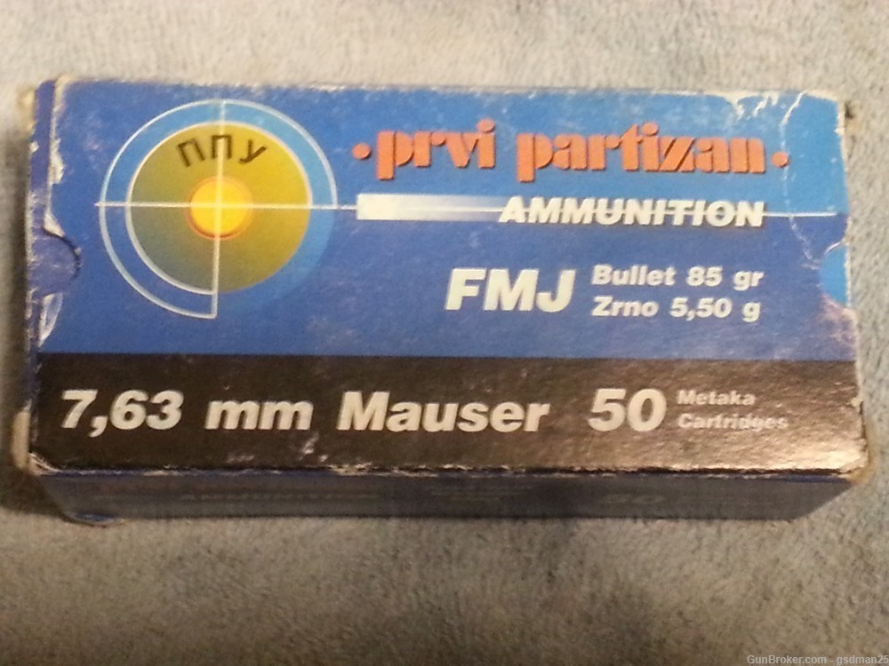 PPU 30 Mauser, (7.63 mm) 85 gr Full Metal Jacket One 50 Round Box-img-0