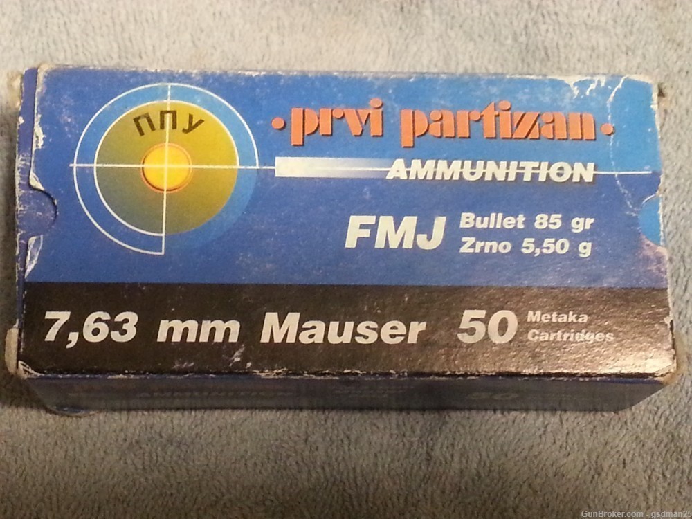 PPU 30 Mauser, (7.63 mm) 85 gr Full Metal Jacket One 50 Round Box-img-1