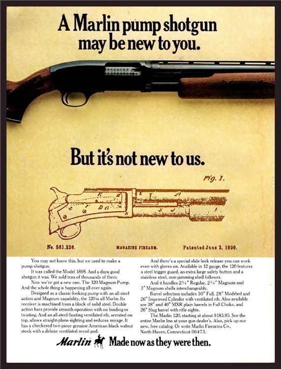 Nov. 1976 MARLIN 1898 Pump Shotgun PRINT AD w/original patent drawing-img-0