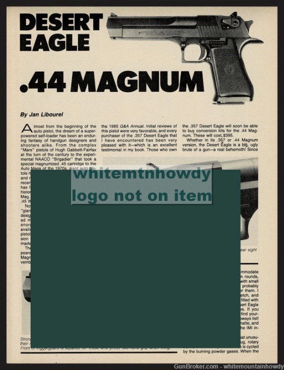 1985 DESERT EAGLE,44 Magnum Pistol 2-page Gun Test Evaluation Article-img-0