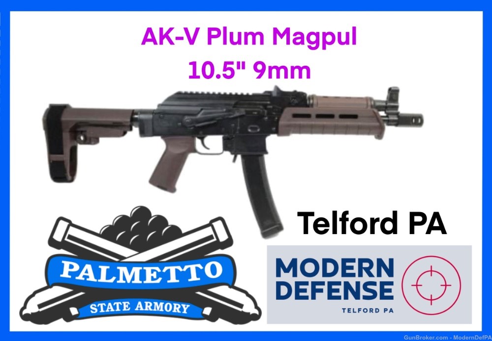 NEW Palmetto State Armory PSA AKV AK-V 9mm 10.5" Pistol Magpul Plum Polymer-img-0