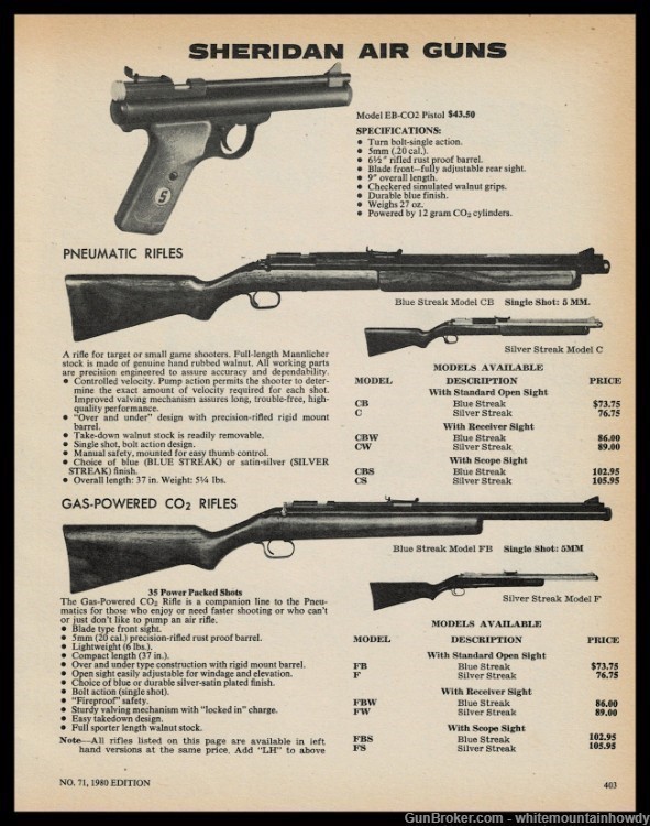 1980 SHERIDAN EB CO2 Pistol Bluue Streak Model CB FB Air Gun Rifle PRINT AD-img-0