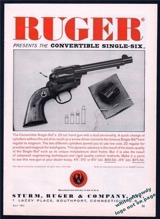 1961 RUGER Convertible Single-Six Revolver Vintage Gun Photo AD-img-0