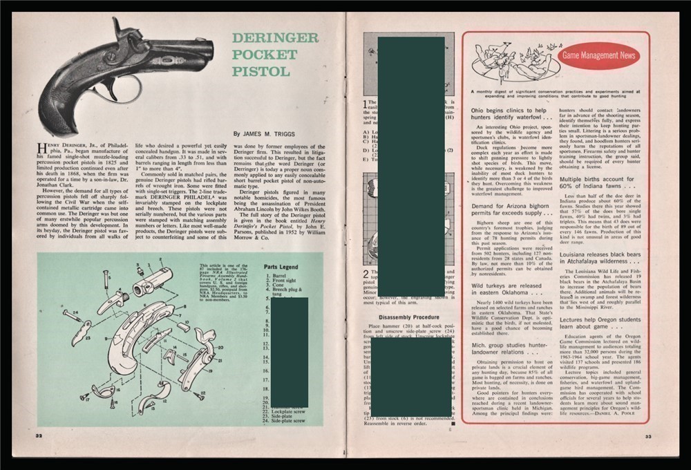 1965 DERINGER Derringer Pocket Pistol Exploded Parts List Assembly Artic-img-0