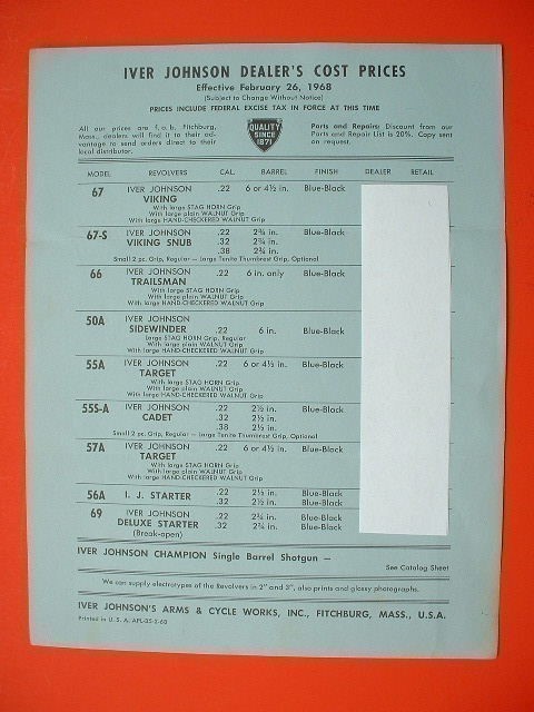 Rare 1968 IVER JOHNSON Catalog Go-With Price List-img-0