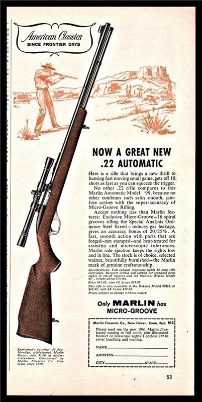 1961 MARLIN 99 Automatic .22 Rifle PRINT AD-img-0