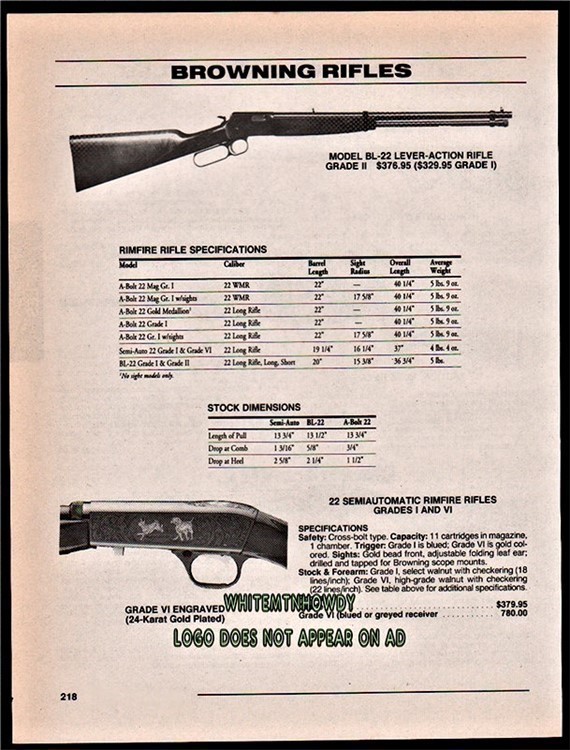 1996 BROWNING BL-22 Lever Grade VI Rimfire Rifle PRINT AD-img-0