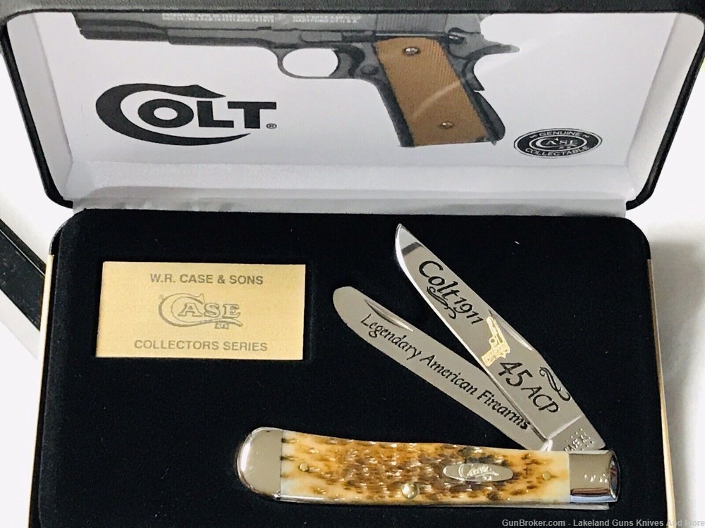 #7/50 CASE XX Colt 45 1911 Combat Pistol Amber Bone Trapper Knife Gold Etch-img-3