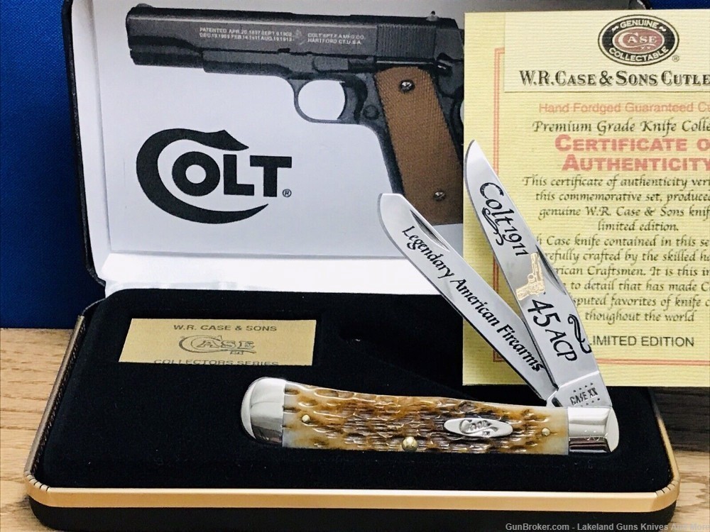 #7/50 CASE XX Colt 45 1911 Combat Pistol Amber Bone Trapper Knife Gold Etch-img-0