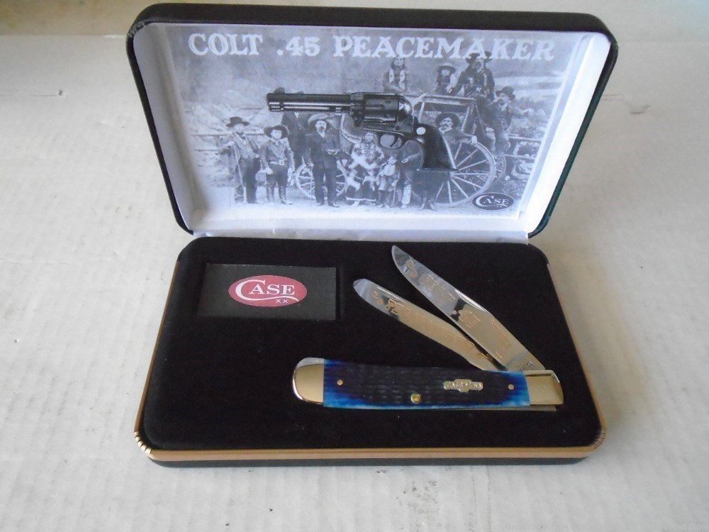 #7 of 50 CASE Colt 45 PEACEMAKER Revolver Blue Bone Trapper Knife Gold Etch-img-0