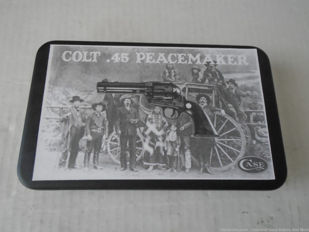 #7 of 50 CASE Colt 45 PEACEMAKER Revolver Blue Bone Trapper Knife Gold Etch-img-10