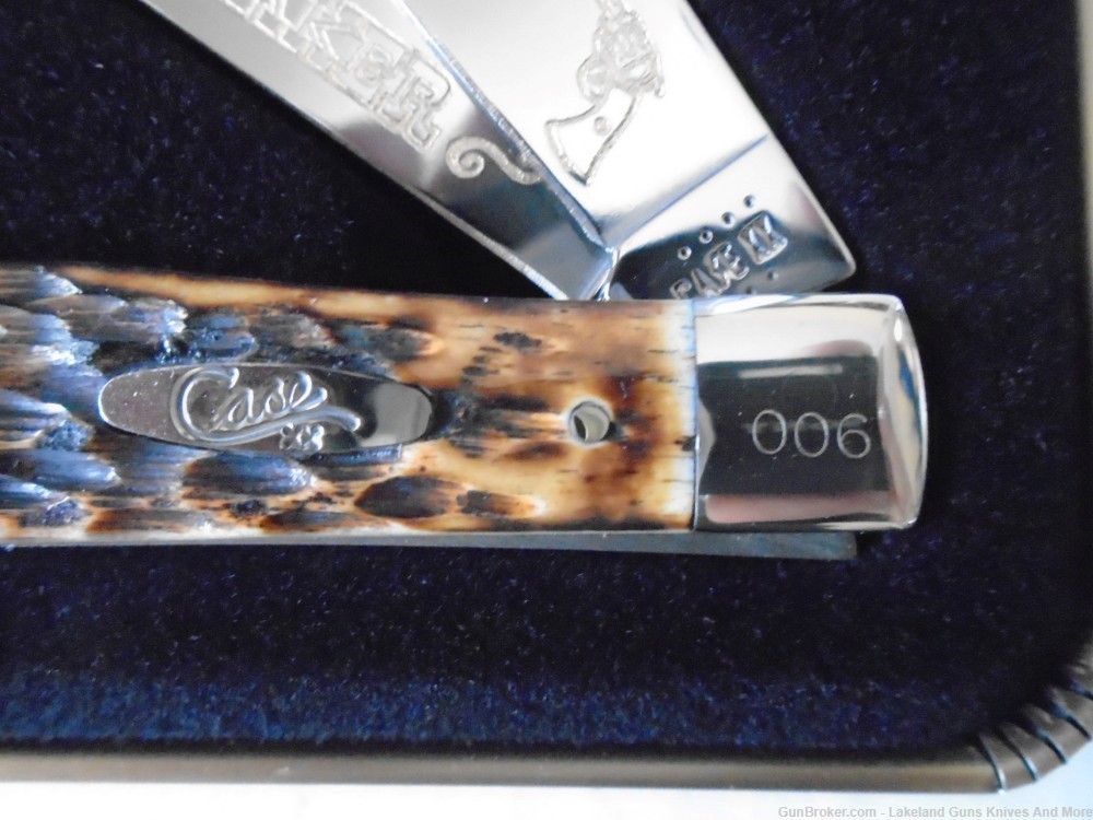 #6 of 50 CASE XX Colt .45 PEACEMAKER GOLD Etched Amber Bone Trapper Knife!-img-7