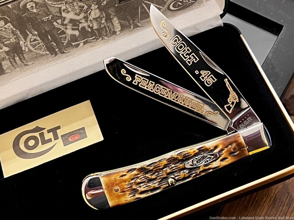 #6 of 50 CASE XX Colt .45 PEACEMAKER GOLD Etched Amber Bone Trapper Knife!-img-3