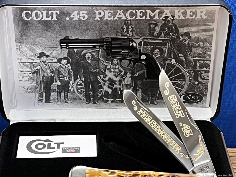 #6 of 50 CASE XX Colt .45 PEACEMAKER GOLD Etched Amber Bone Trapper Knife!-img-5