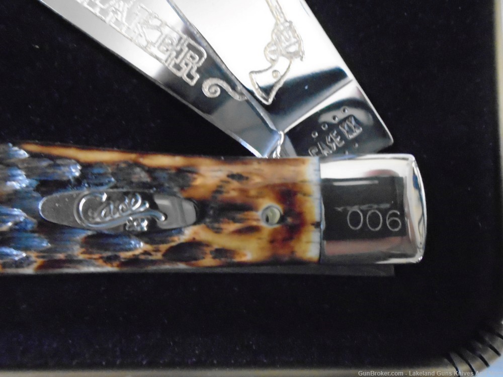 #6 of 50 CASE XX Colt .45 PEACEMAKER GOLD Etched Amber Bone Trapper Knife!-img-10
