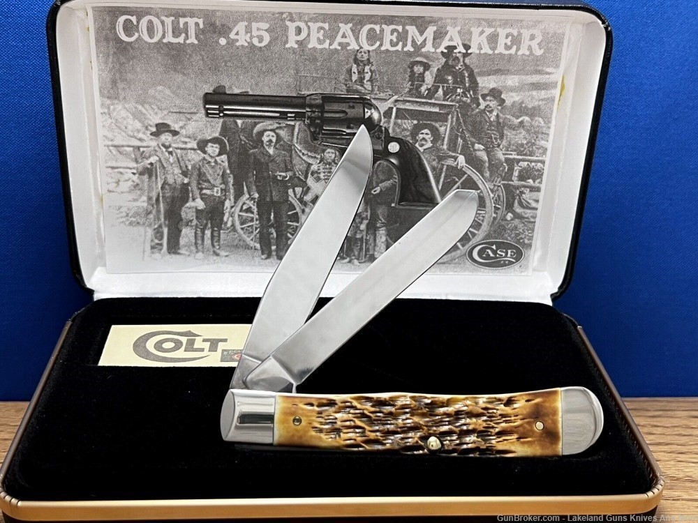 #6 of 50 CASE XX Colt .45 PEACEMAKER GOLD Etched Amber Bone Trapper Knife!-img-4