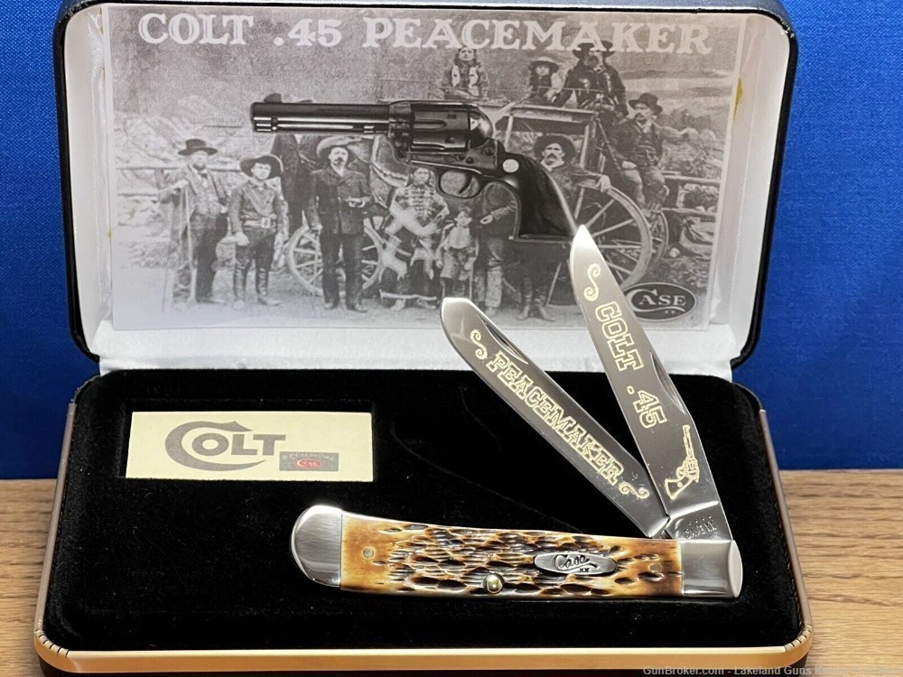 #6 of 50 CASE XX Colt .45 PEACEMAKER GOLD Etched Amber Bone Trapper Knife!-img-6
