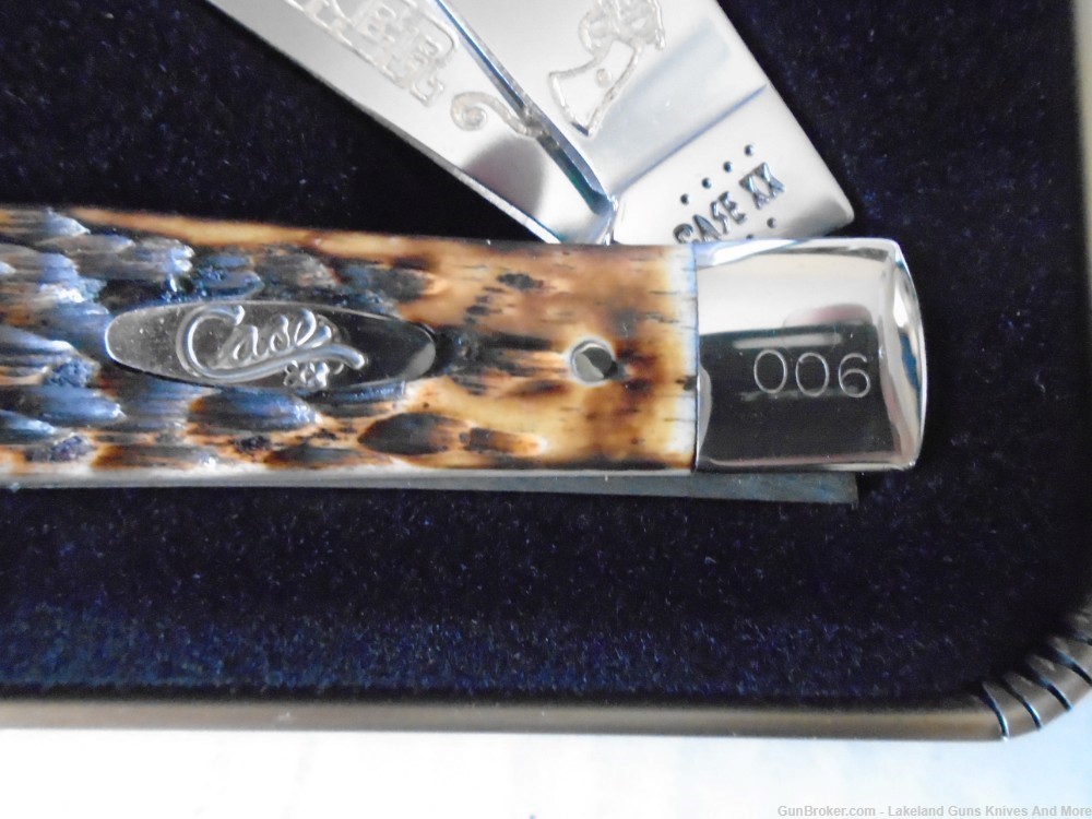 #6 of 50 CASE XX Colt .45 PEACEMAKER GOLD Etched Amber Bone Trapper Knife!-img-8
