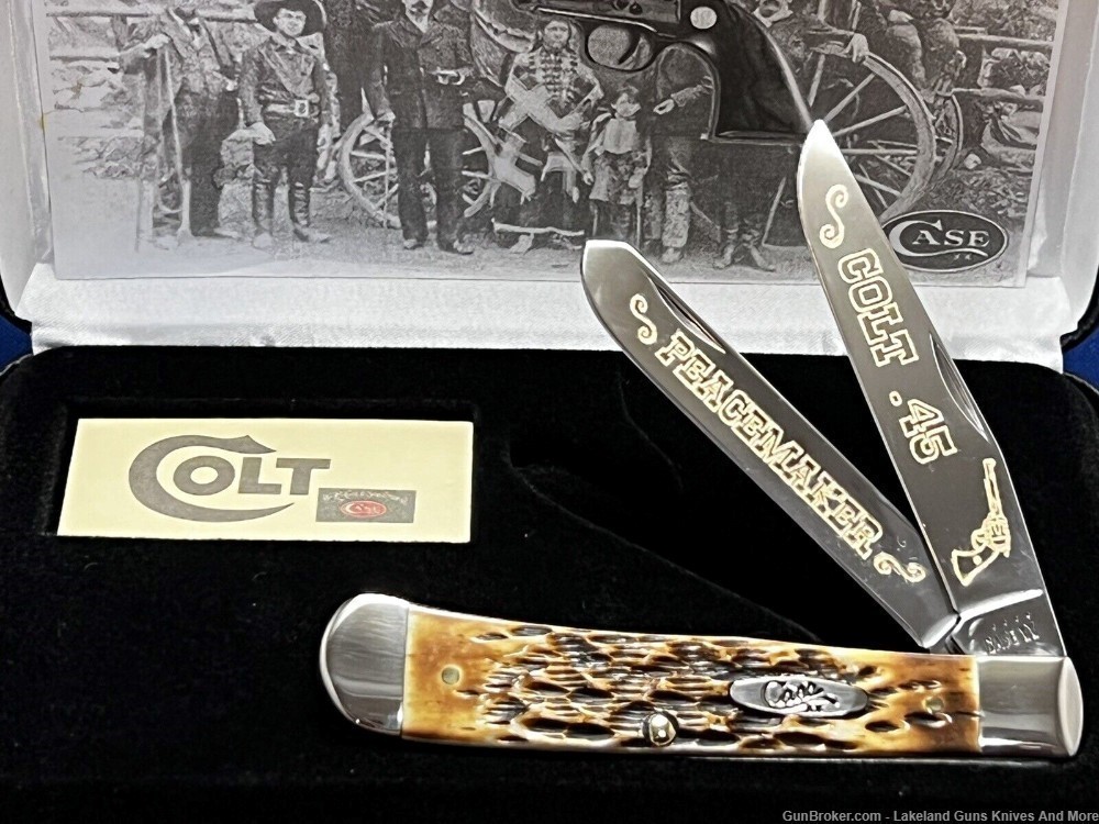 #6 of 50 CASE XX Colt .45 PEACEMAKER GOLD Etched Amber Bone Trapper Knife!-img-0