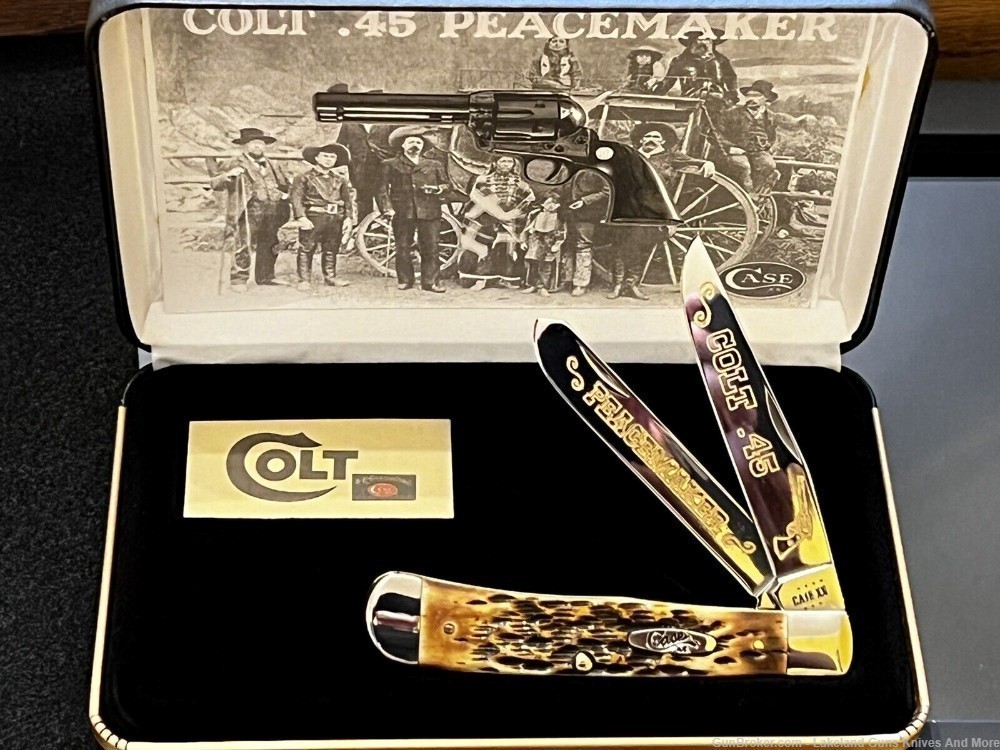 #6 of 50 CASE XX Colt .45 PEACEMAKER GOLD Etched Amber Bone Trapper Knife!-img-2