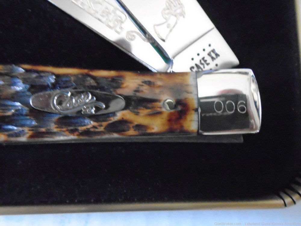 #6 of 50 CASE XX Colt .45 PEACEMAKER GOLD Etched Amber Bone Trapper Knife!-img-9