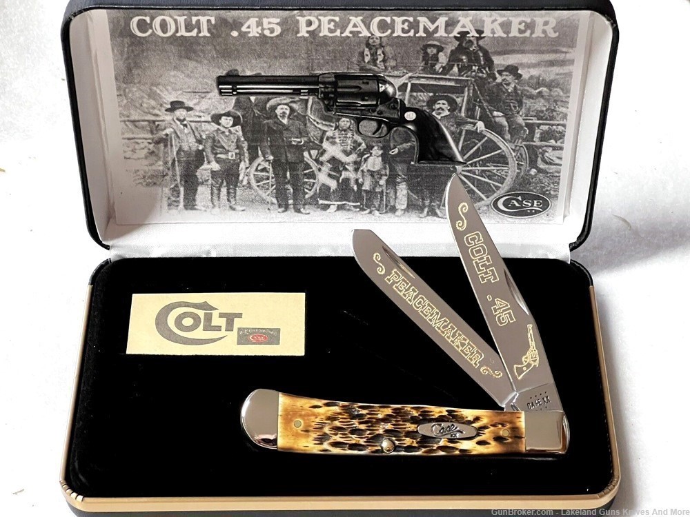 #6 of 50 CASE XX Colt .45 PEACEMAKER GOLD Etched Amber Bone Trapper Knife!-img-1