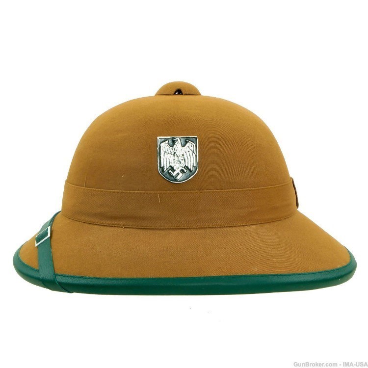 German WWII Afrikakorps Sun Helmet with Metal Badges and Green Trim-img-2