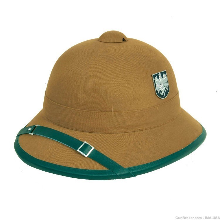 German WWII Afrikakorps Sun Helmet with Metal Badges and Green Trim-img-0
