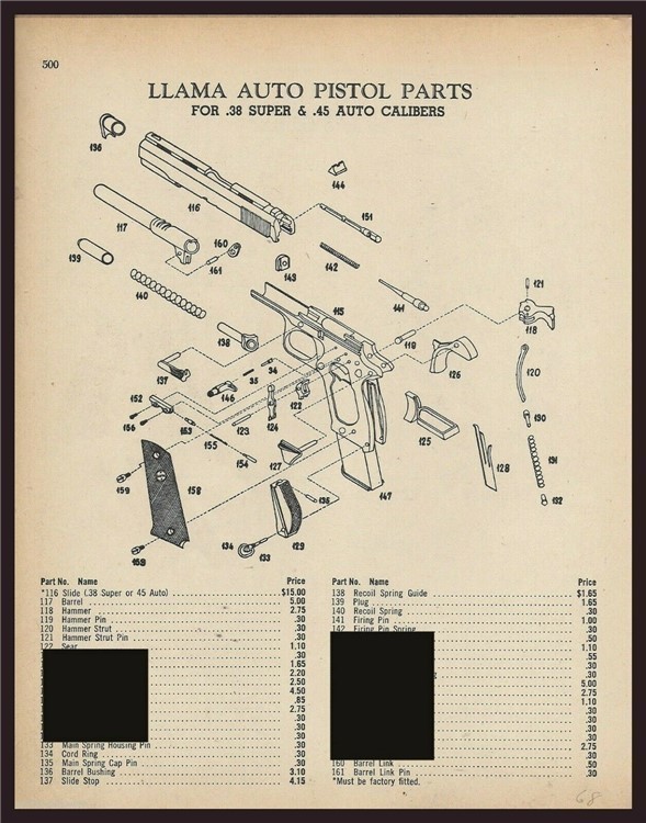 1968 LLAMA .38 super & .45 Auto Pistol Schematic Exploded Parts List-img-0