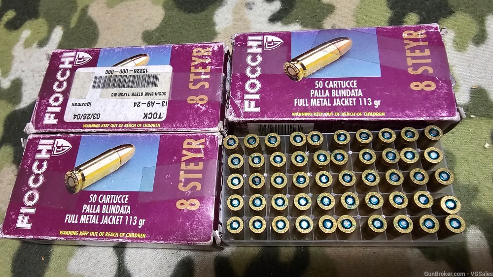 Fiocchi 8mm Roth Steyr 150 Rounds 3 Boxes FMJ 113 Grain-img-0