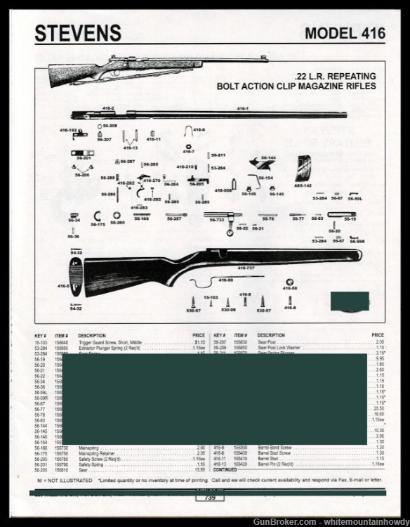  1983 STEVENS 416 Repeating Bolt Action Clip Magazine Rifle Parts List-img-0