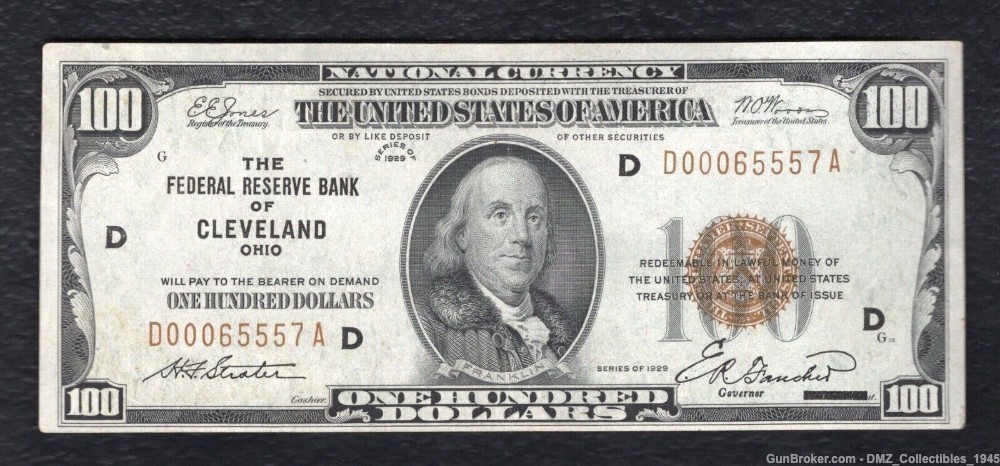 1929 US $100 Federal Reserve Bank Note Money Currency w/ Ben Franklin-img-0
