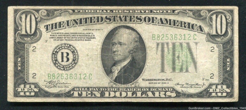 1934 US $10 Dollar Federal Reserve Note Vintage Currency-img-0