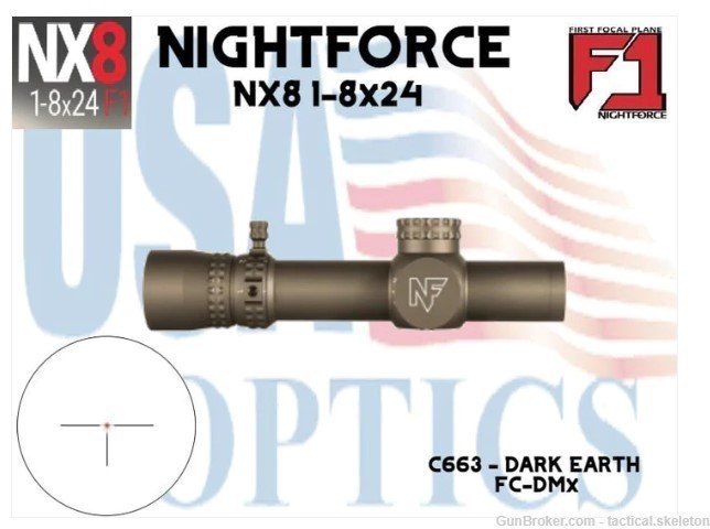 NIGHTFORCE C663 NX8 - 1-8x24 F1 CAPPED, FC-DMX - DARK EARTH - FREE SHIPPING-img-0