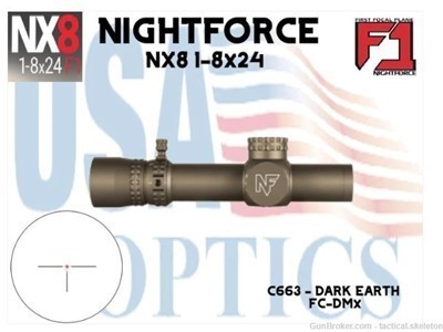 NIGHTFORCE C663 NX8 - 1-8x24 F1 CAPPED, FC-DMX - DARK EARTH - FREE SHIPPING