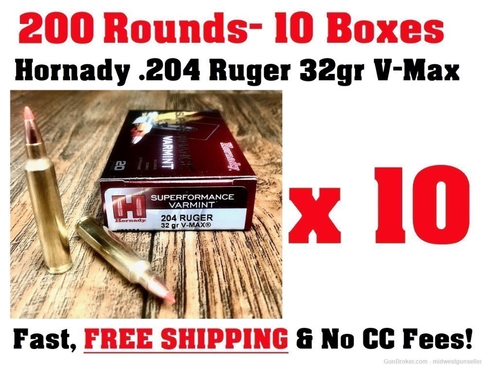 200 Rounds Hornady .204 Ruger 32gr V-Max Ballistic Tip Rifle Ammo-img-0