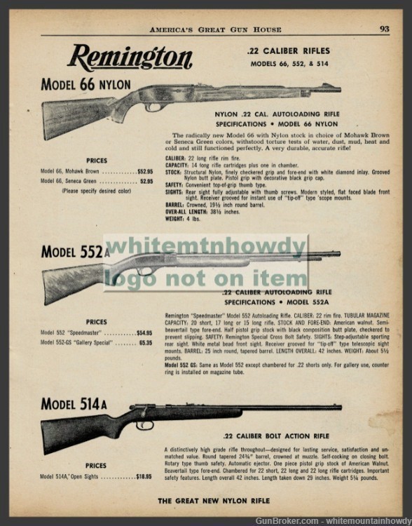 1961 REMINGTON Nylon 66, 552A and 514A .22 Rifle PRINT AD w/orig prices-img-0