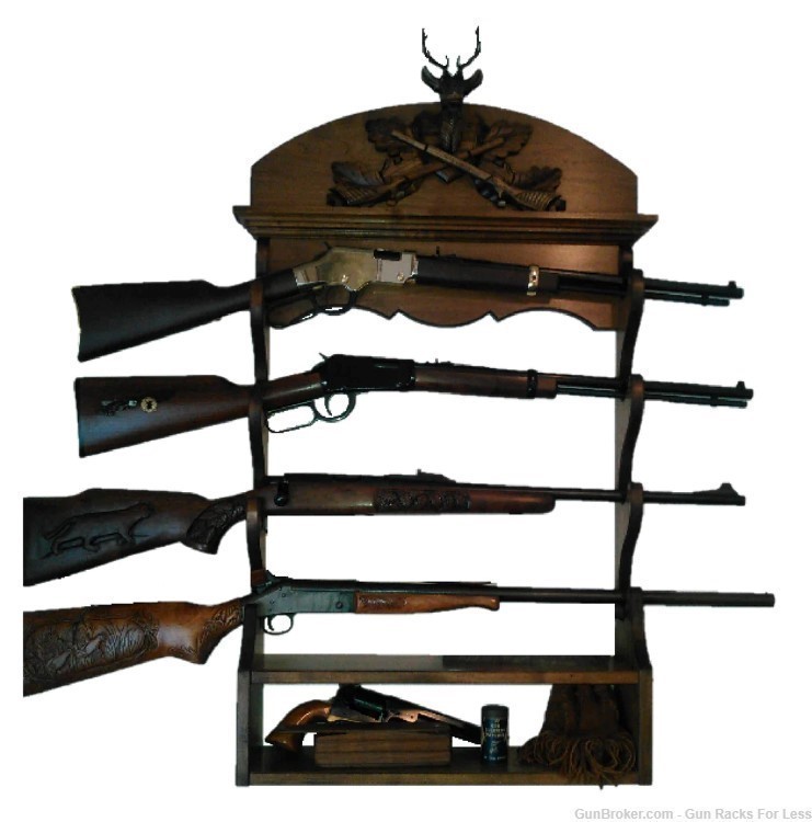 Walnut Wooden 4 Place Wall Gun Rack Black Forest Carved Deer Stag-img-0