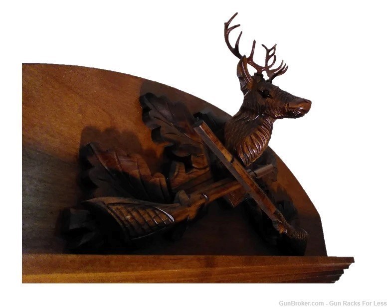 Walnut Wooden 4 Place Wall Gun Rack Black Forest Carved Deer Stag-img-1