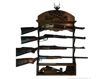 Walnut Wooden 4 Place Wall Gun Rack Black Forest Carved Deer Stag