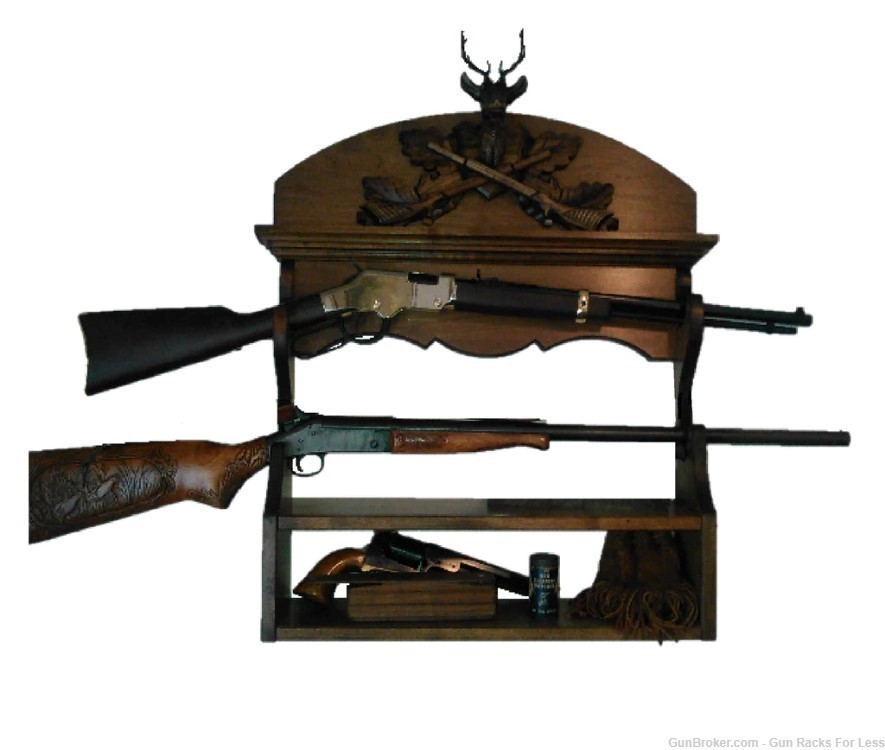 Walnut Wooden 2 Place Wall Gun Rack Black Forest Carved Deer Stag-img-0