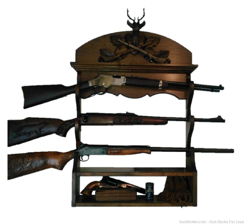 Walnut Wooden 3 Place Wall Gun Rack Black Forest Carved Deer Stag-img-0