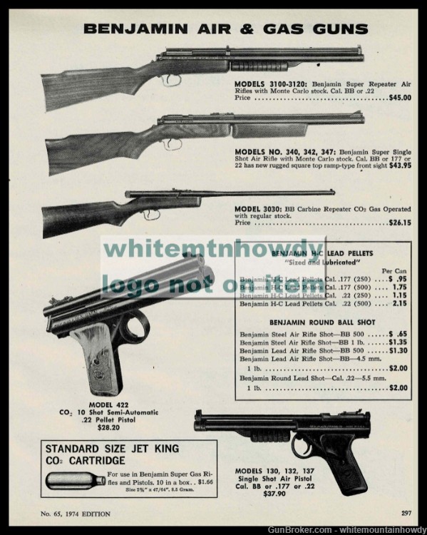 1974  BENJAMIN 31003120,  340 342, 3030 422, 130 132 Air Rifle & Pistol AD-img-0
