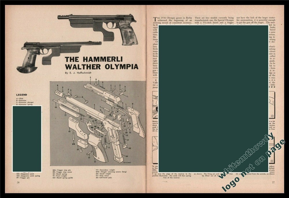 1955 HAMMERLI WALTHER OLYMPIA Pistol Exploded Parts List Assembly Article-img-0