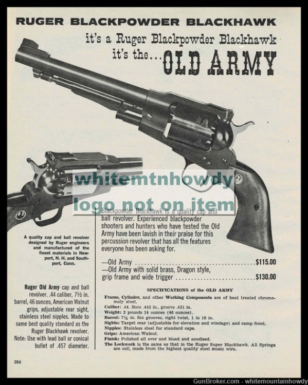 1974 RUGER Black Powder Blackhawk OLD ARMY Reevolver PRINT AD-img-0